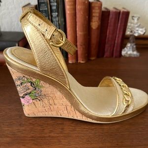 COACH | Ellette Wedge sandals gold cork floral 8.5